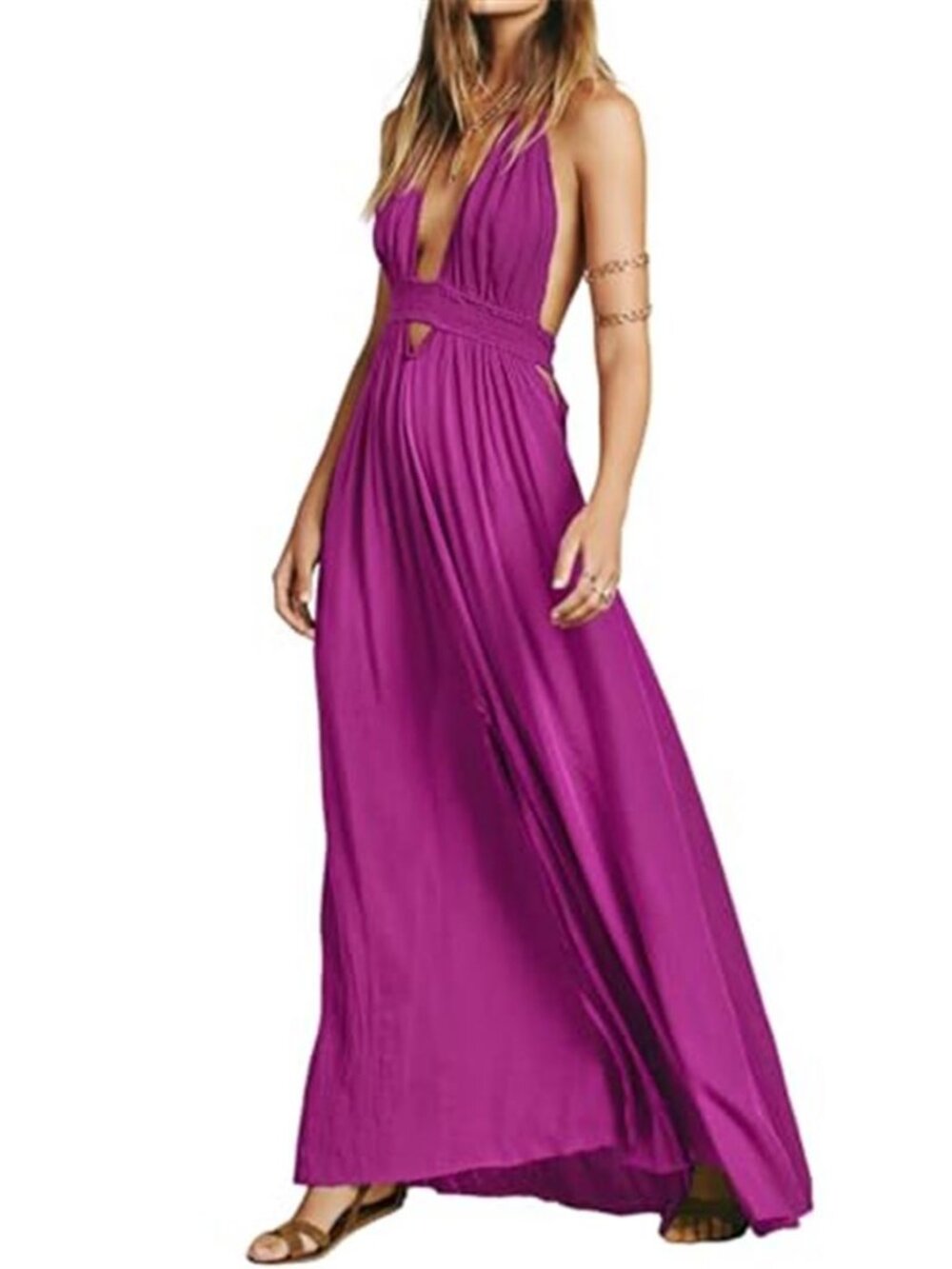R.Vivimos Womens Summer Halter Elastic Waist Boho Maxi Dress